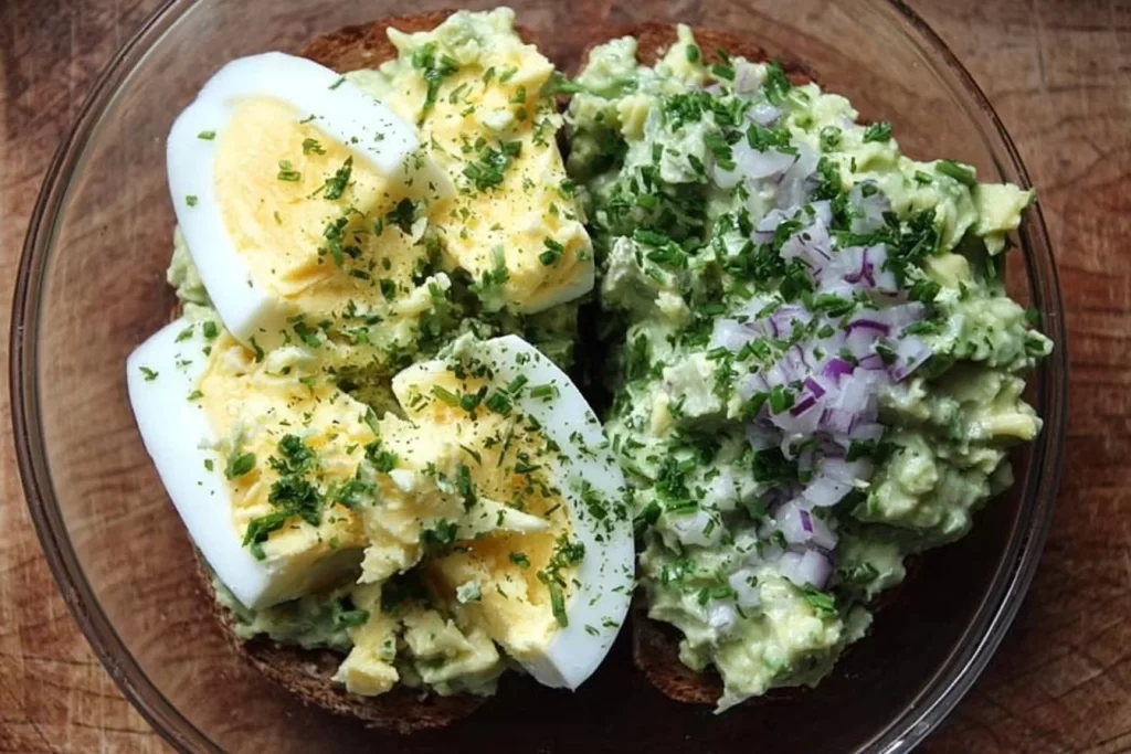 Herby avocado egg salad served in a bowl