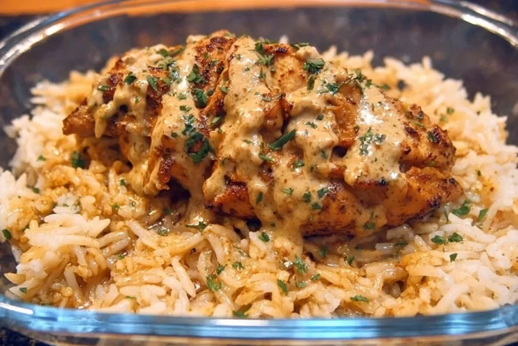 High Protein Creamy Cajun Chicken and Rice dish garnished with herbs