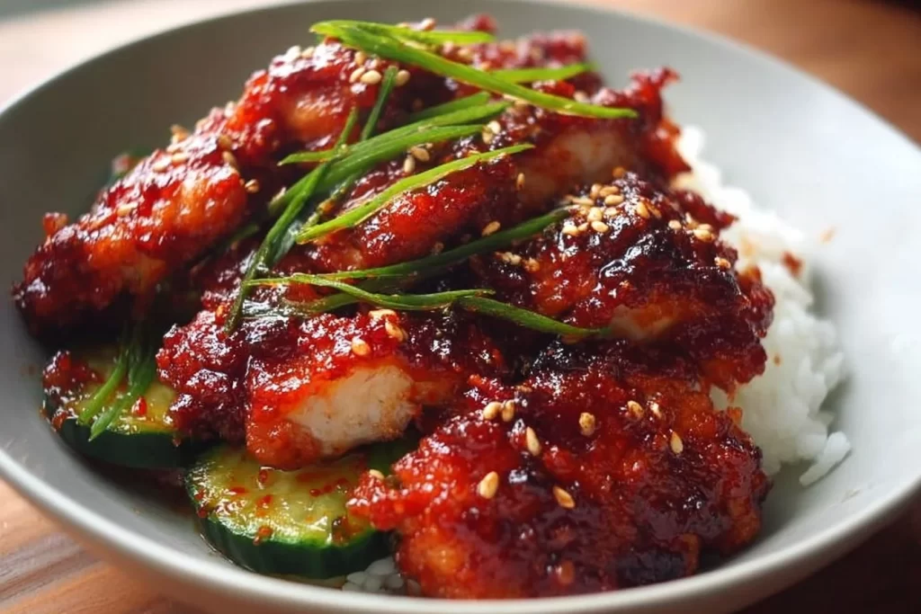 High-protein Honey Gochujang Chicken dish garnished with green onions