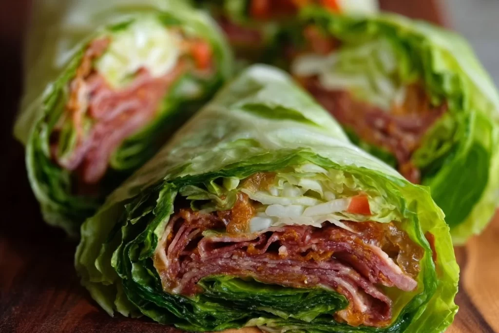 Delicious Italian lettuce wrap filled with fresh ingredients and herbs.