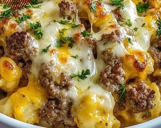 Delicious Keto Cheeseburger Cauliflower Mac served in a bowl