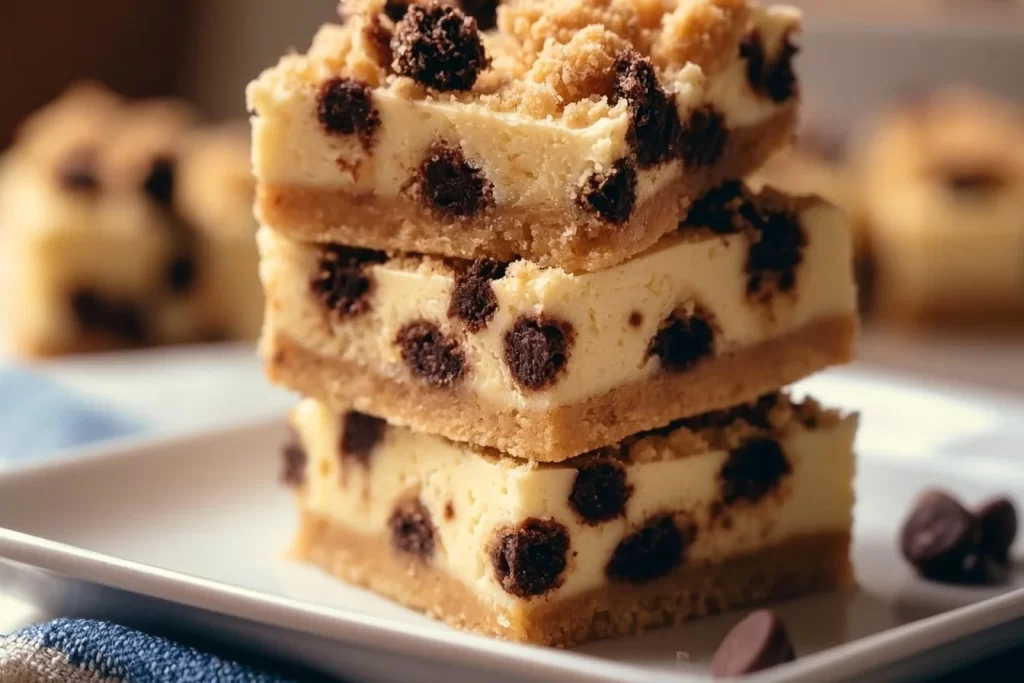 Delicious Keto Cookie Dough Cheesecake topped with cookie dough pieces.