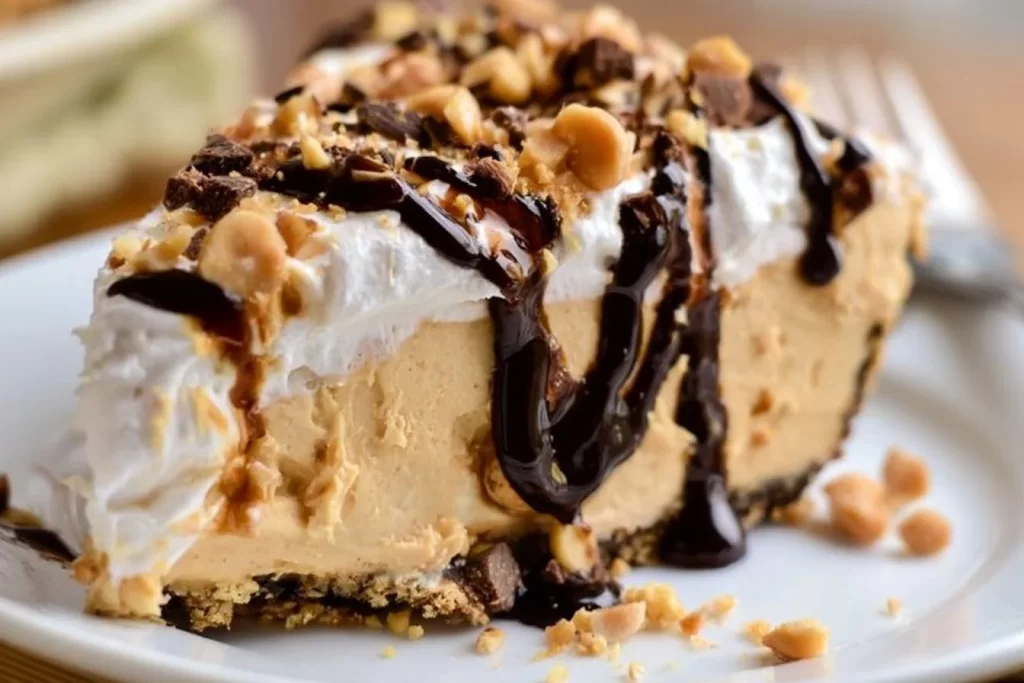 Decadent keto peanut butter no-bake pie slice on a plate.