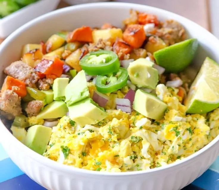 A delicious loaded breakfast bowl filled with vegetables, eggs, and toppings.