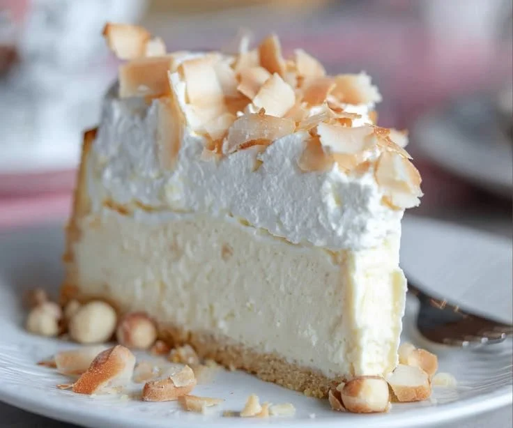 Low carb coconut cheesecake topped with coconut flakes and fresh fruit