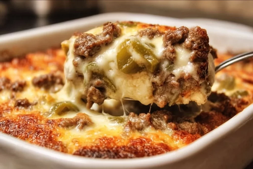Low Carb Philly Cheesesteak Casserole topped with melted cheese and peppers