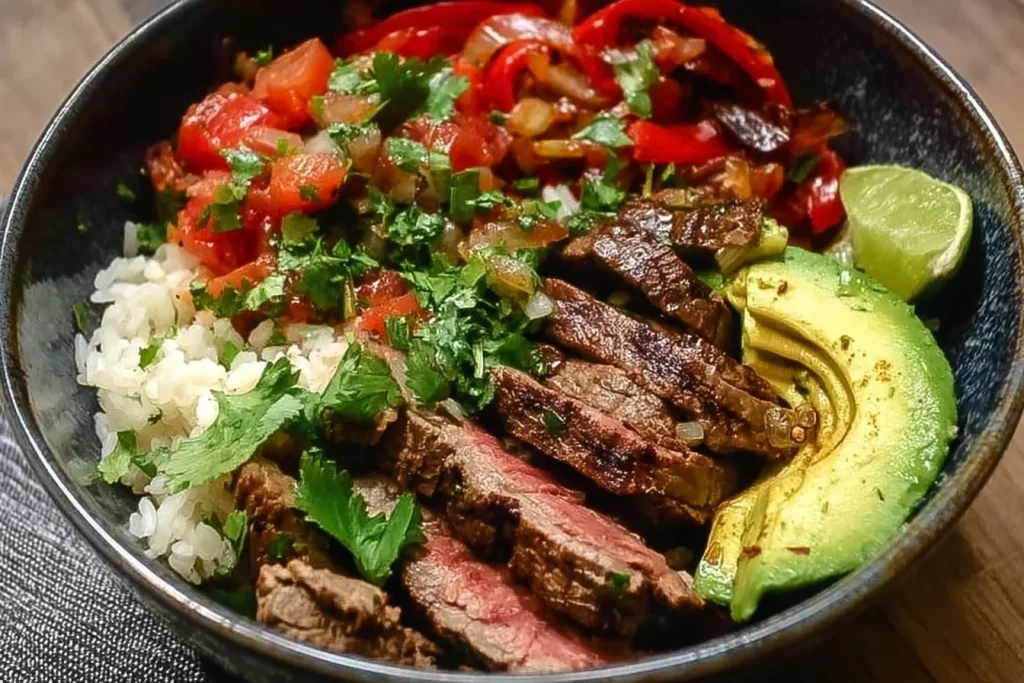 A vibrant Steak Fajita Bowl filled with grilled steak, peppers, and toppings.