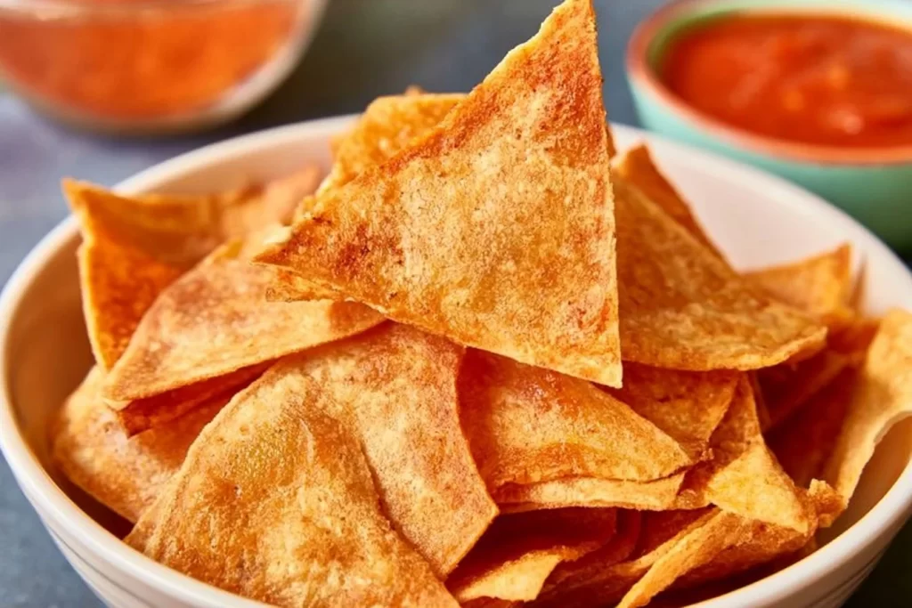 Bowl of homemade Keto Tortilla Chips served with dip