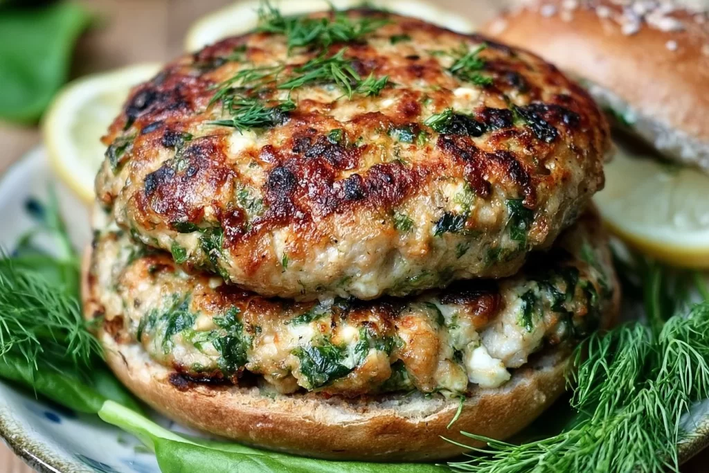 Savory chicken burger topped with feta cheese and spinach on a bun
