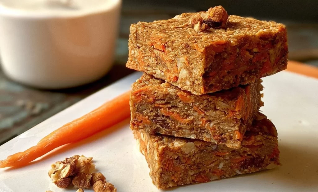 Carrot Bake No Bake Breakfast Bars on a wooden table with fresh carrots