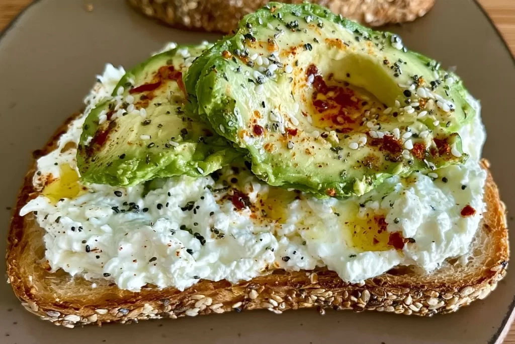 Creamy cottage cheese avocado toast topped with fresh herbs and spices