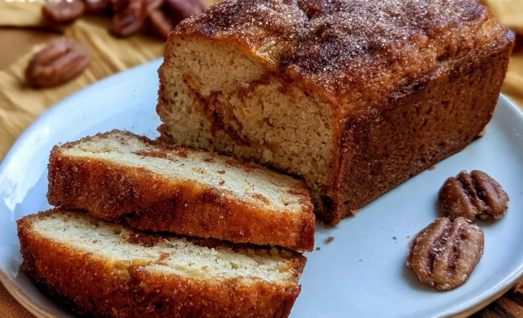 Slice of Keto Cinnamon Donut Bread on a decorative plate