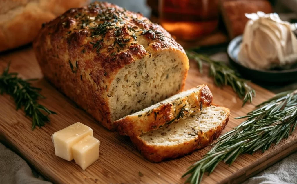 Loaf of Parmesan Herb Keto Bread fresh from the oven, sliced and ready to enjoy
